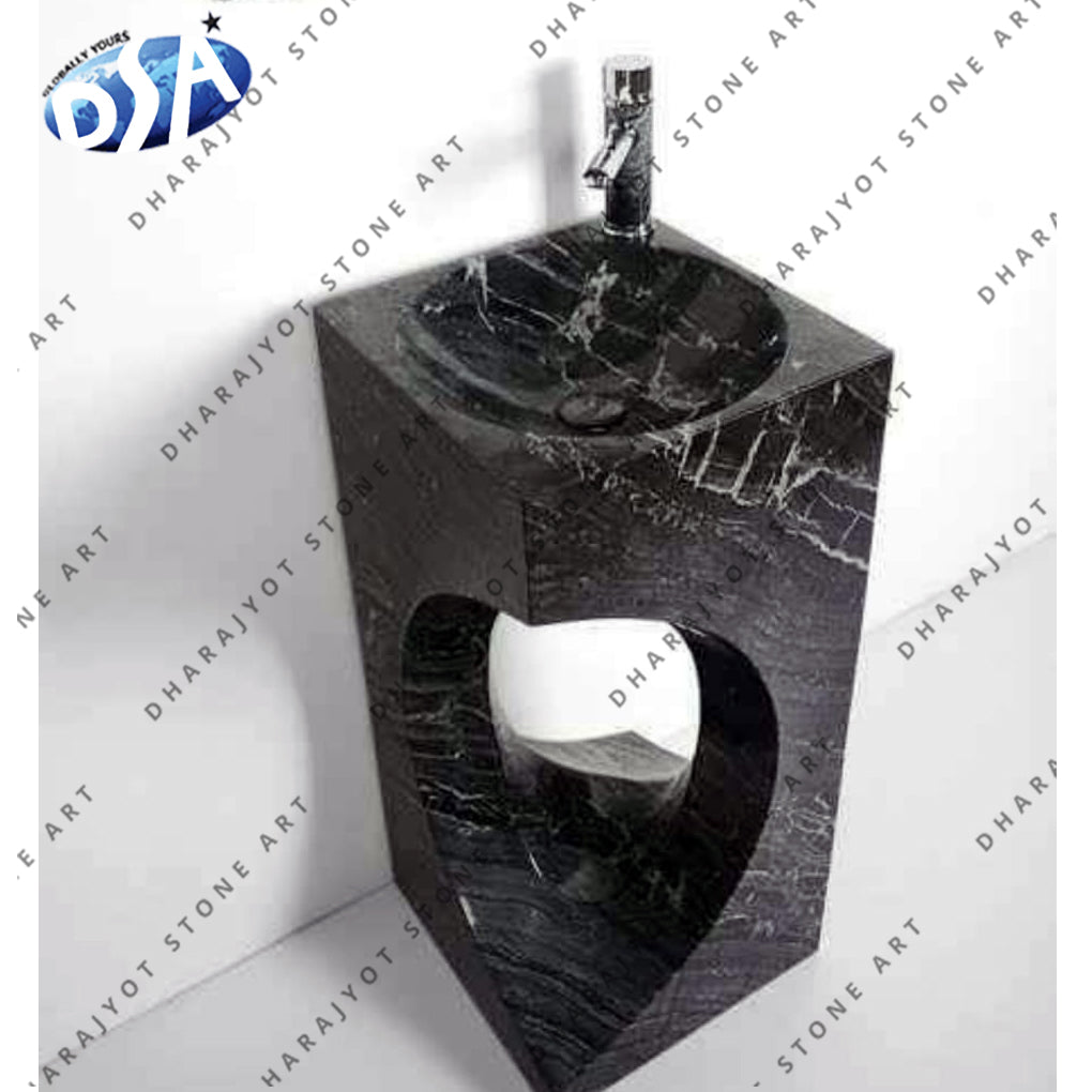 Modern Hand-Carved Polished Black Marble Pedestal Washbasin