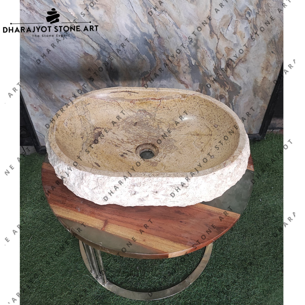 Caved Natural Surface Round Light Beige Marble Sink