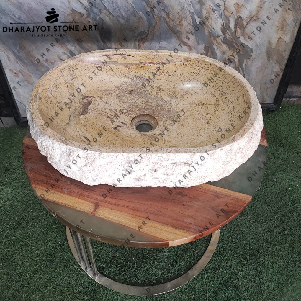 Caved Natural Surface Round Light Beige Marble Sink