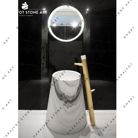 White Marble Stone Pedestal Bathroom Wash Basin Sink