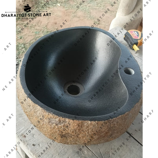 Natural Hand Carved Inside Black Polished Round Stone Washbasin