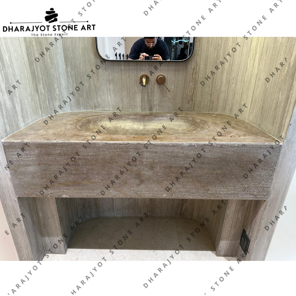Antique Hand Carved Brown Marble Double Basin Sink