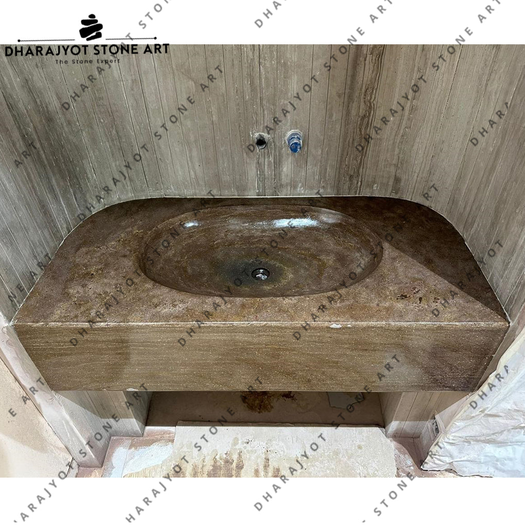 Antique Hand Carved Brown Marble Double Basin Sink