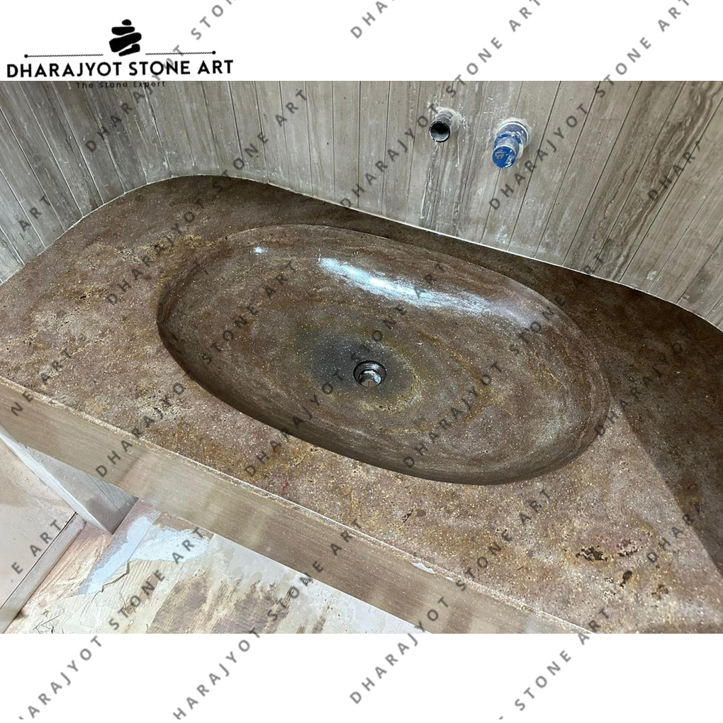 Antique Hand Carved Brown Marble Double Basin Sink