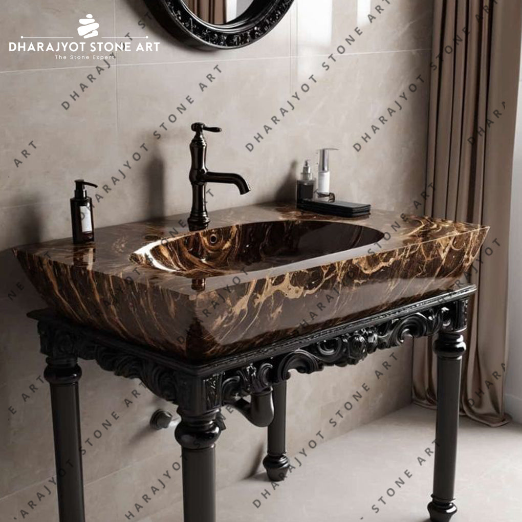 New Design Free Standing Brown Marble Bathroom Washbasin