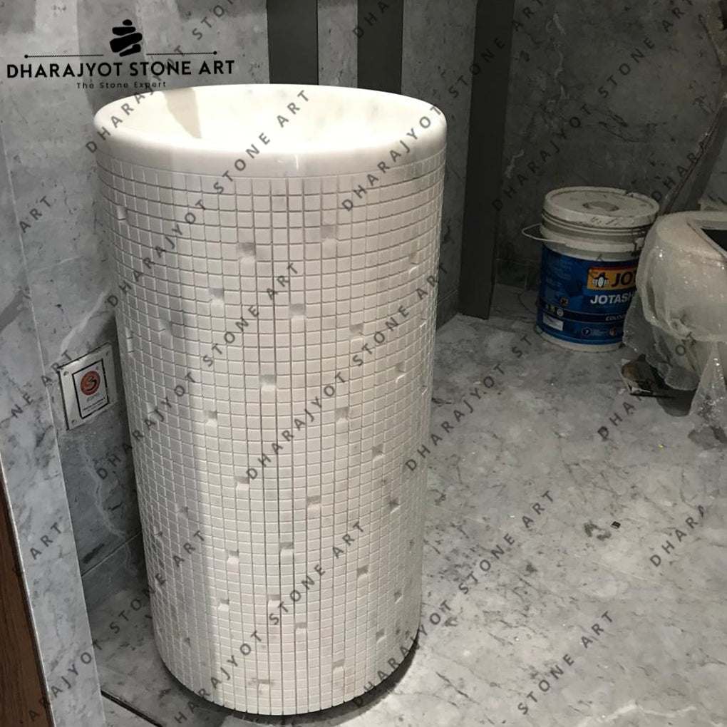 White Marble Bricks Pedestal Wash Basin