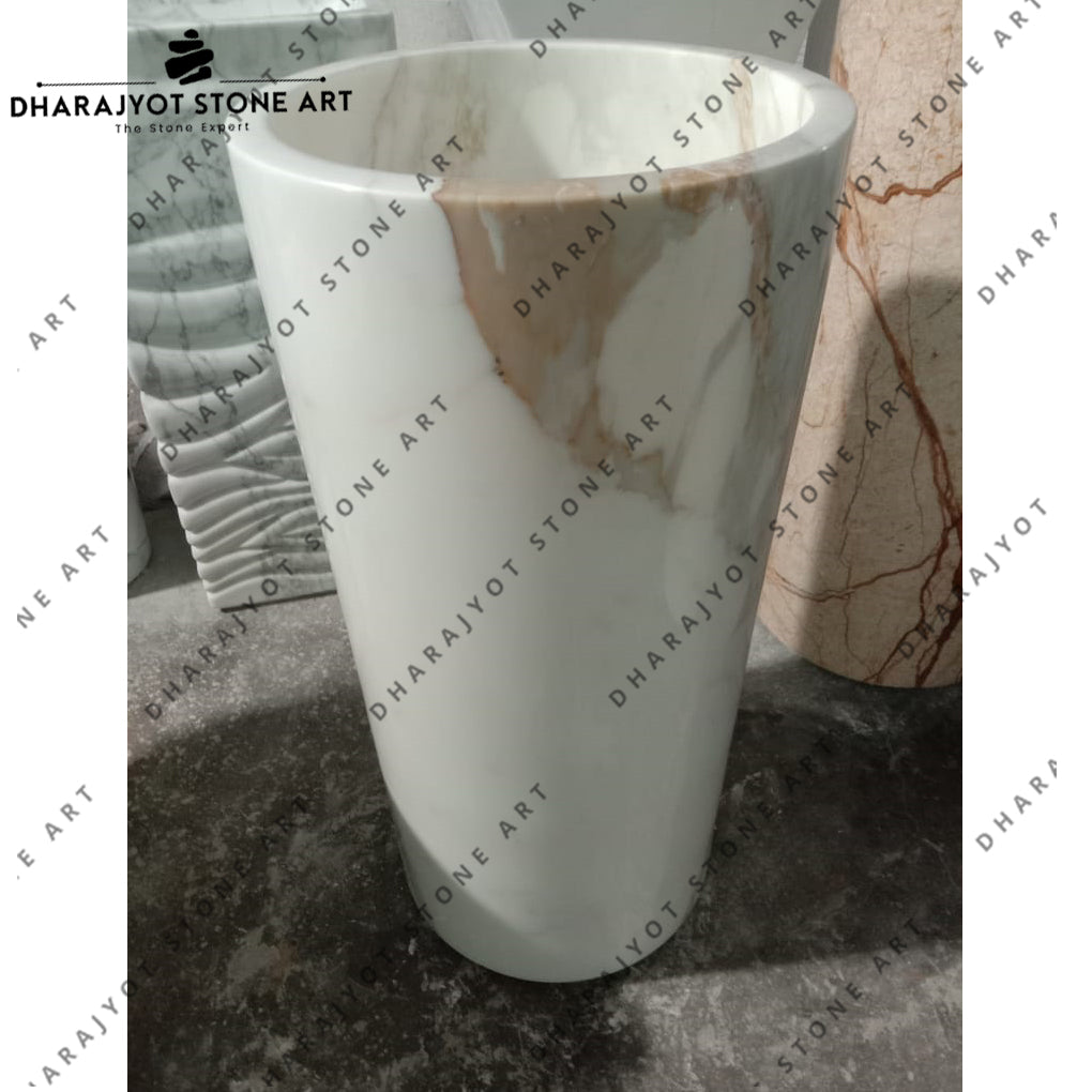 Elegant Round Hand-Carved Marble Pedestal Wash Basin