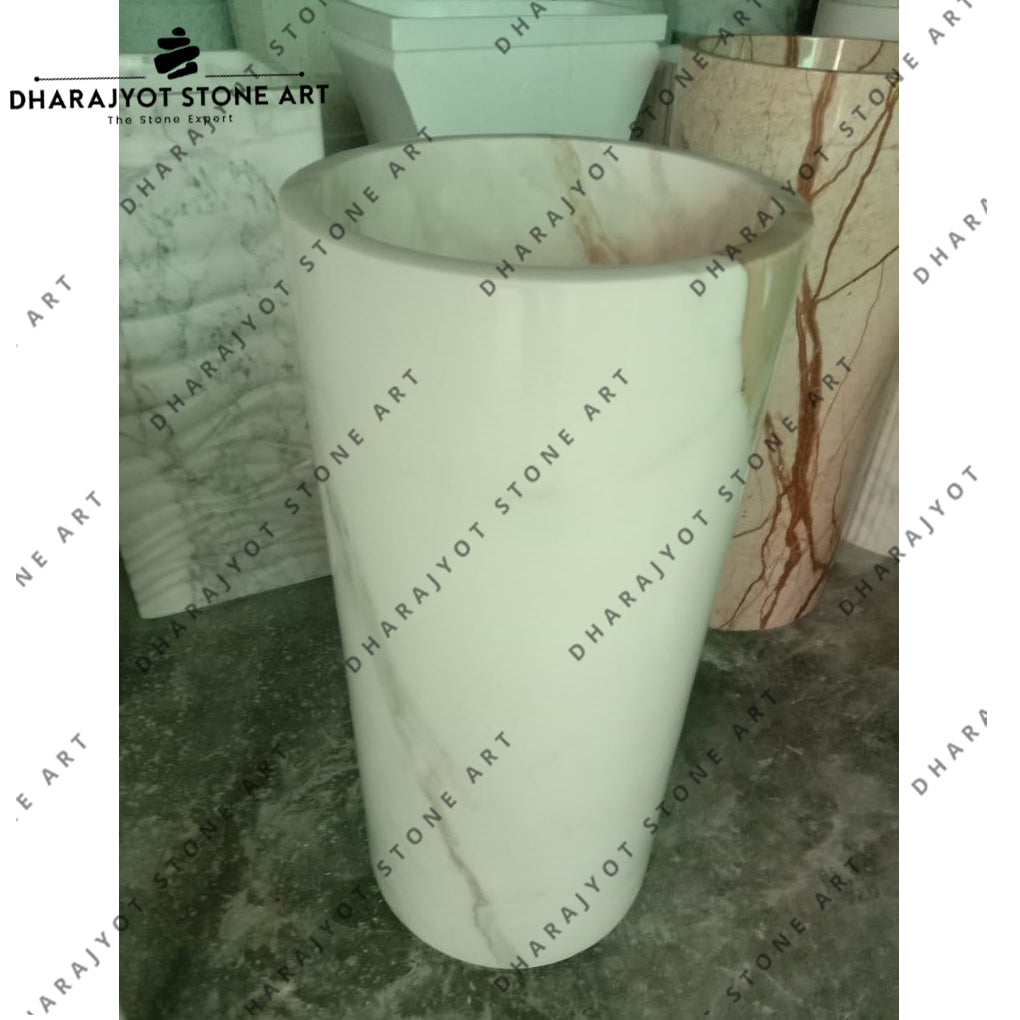 Elegant Round Hand-Carved Marble Pedestal Wash Basin