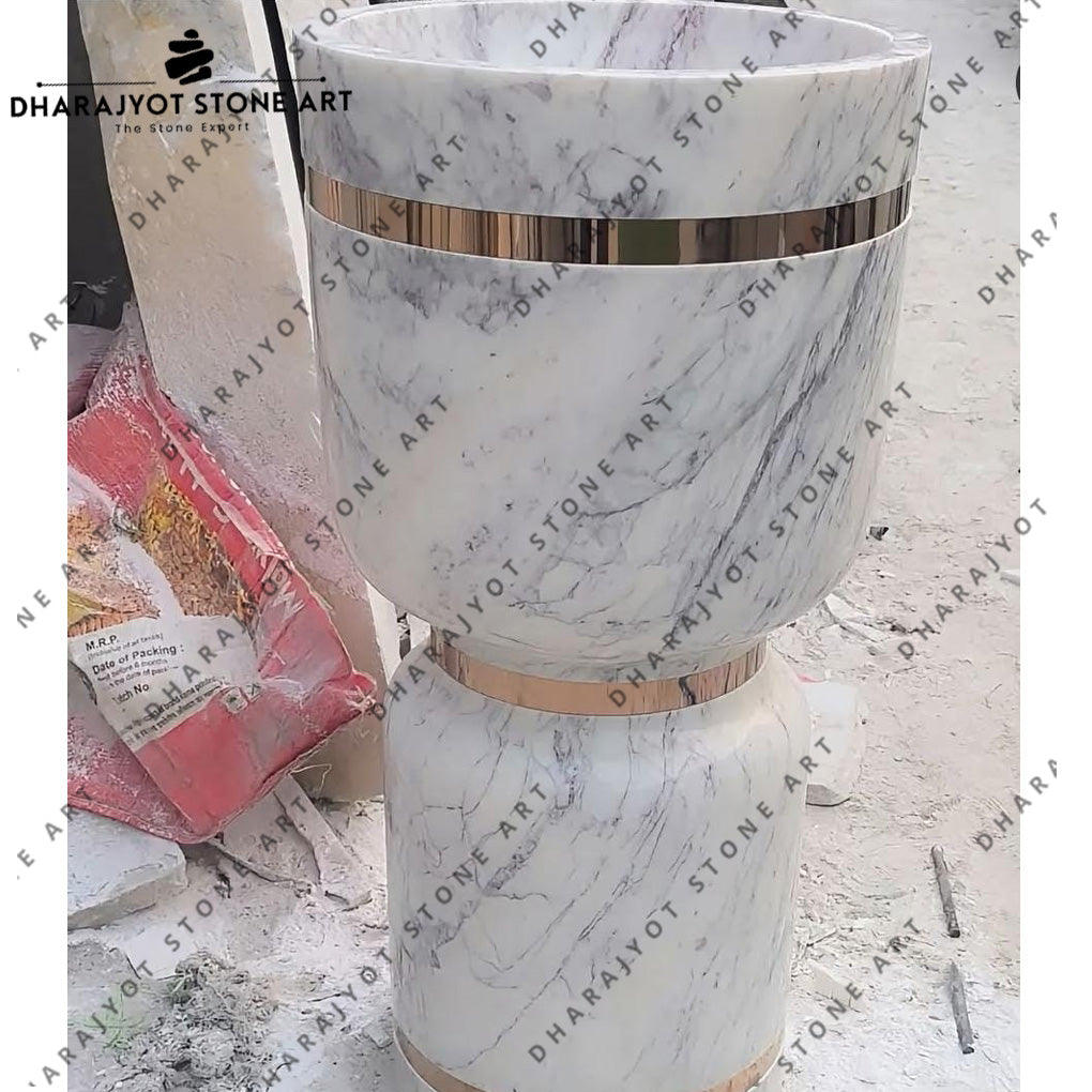 Handcrafted Luxury White Marble Pedestal Wash Basin