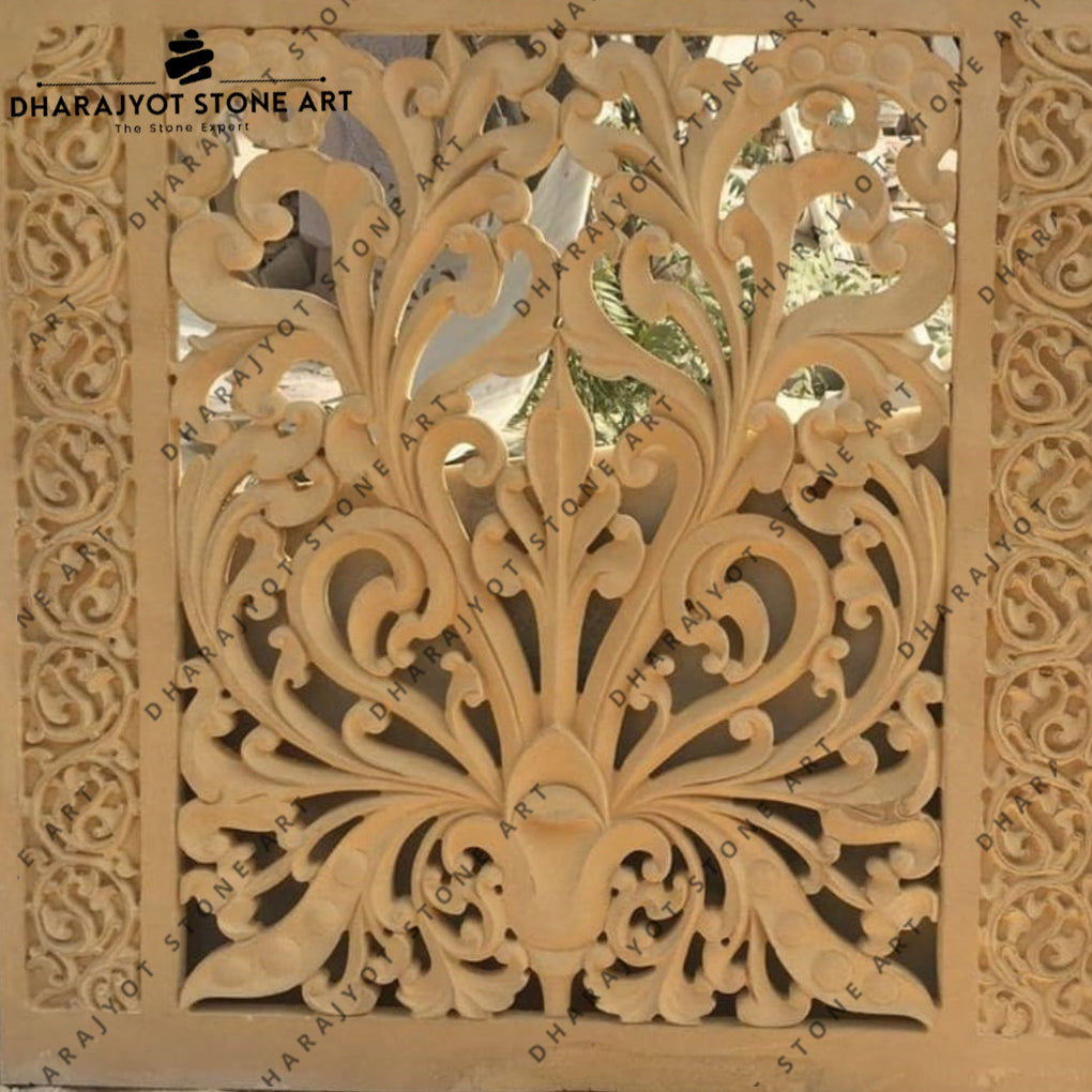 Decorative Hand-Carved Sandstone Floral Jali Screen