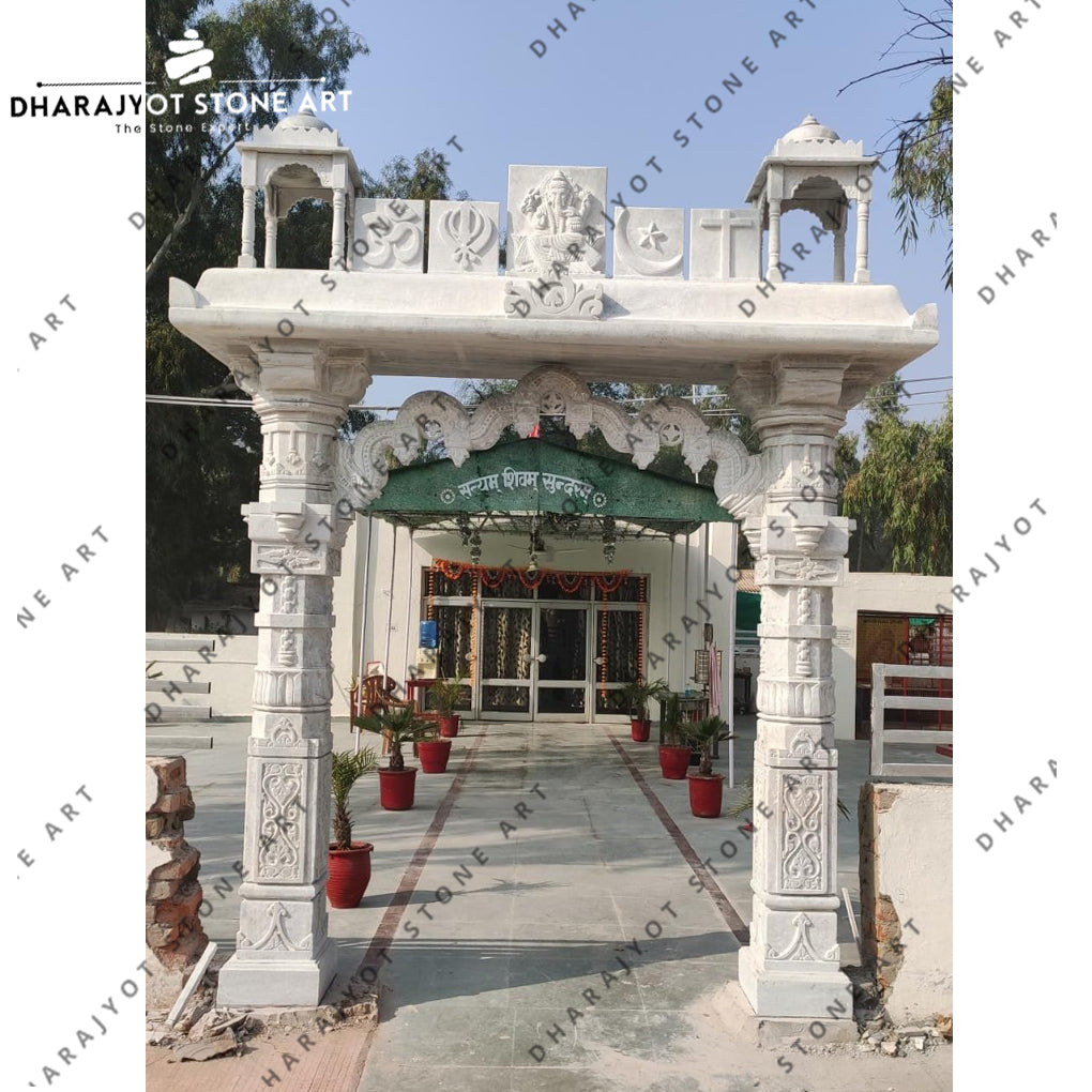 Traditional Handcrafted Design White Marble Temple Entrance Gate