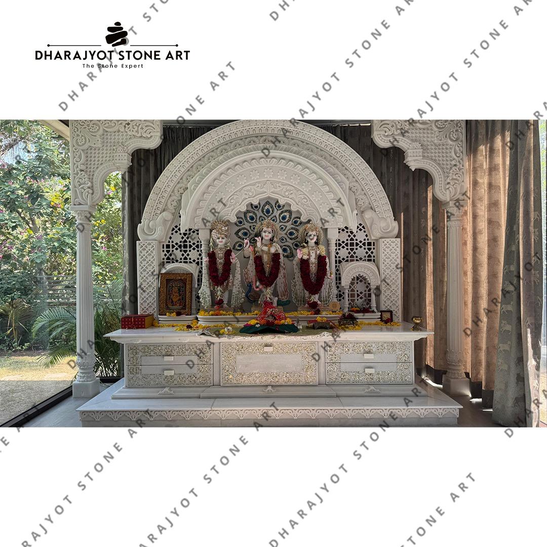 Hand Carved Vietnam White Marble Polish Mandir For Home Designer Temple