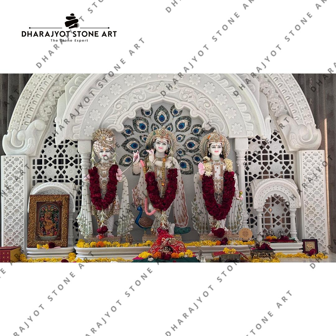 Hand Carved Vietnam White Marble Polish Mandir For Home Designer Temple