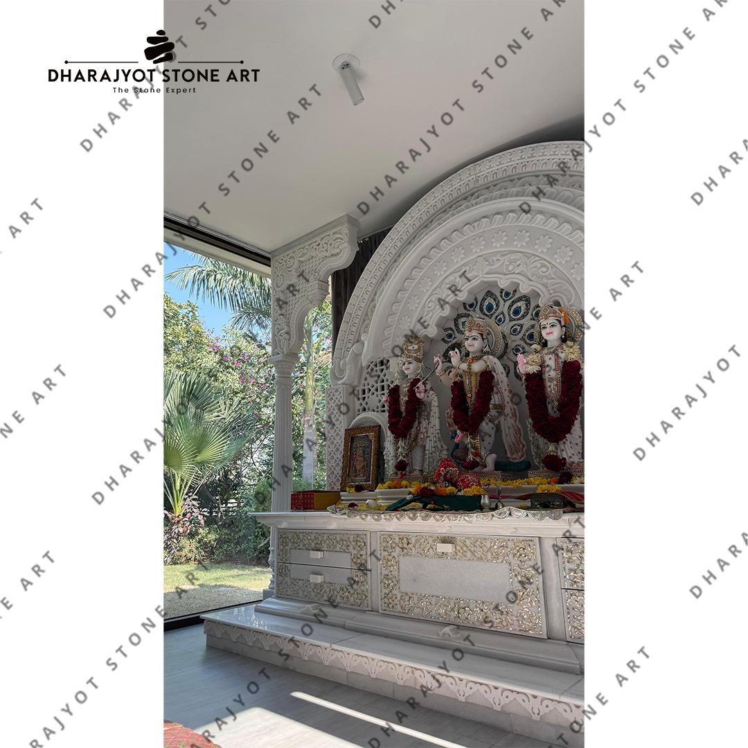 Hand Carved Vietnam White Marble Polish Mandir For Home Designer Temple