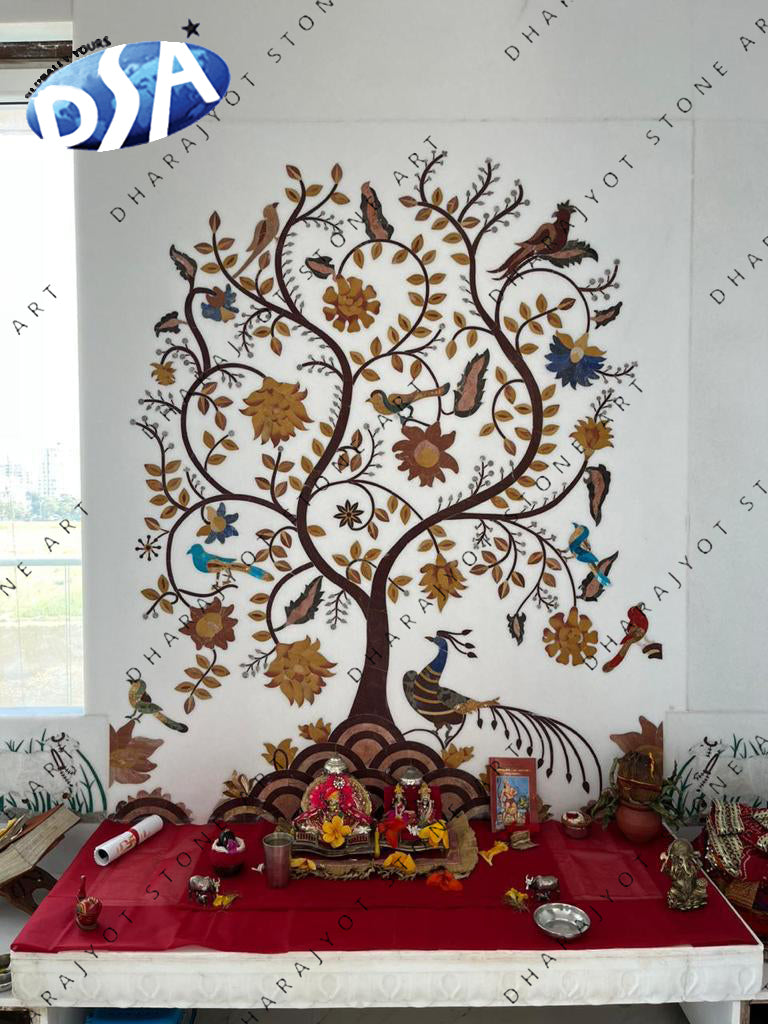 Inlay Flower Work Design Polished White Marble Mandir