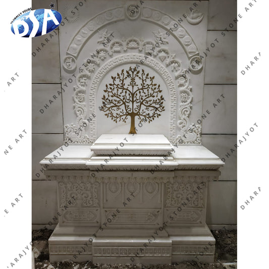 White Marble With Heavy Inlay Handmade Carved Temple