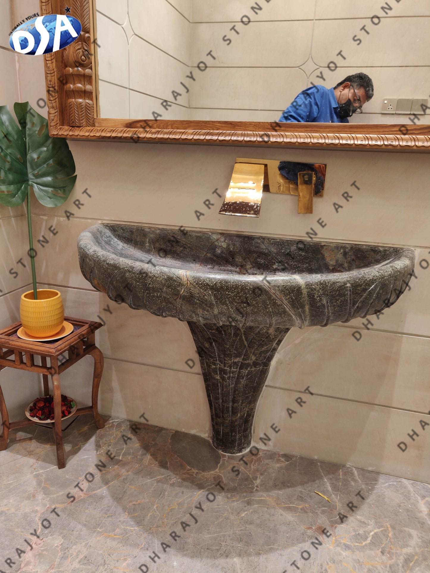 Bidasar Green Marble Washbasin for Powder Area