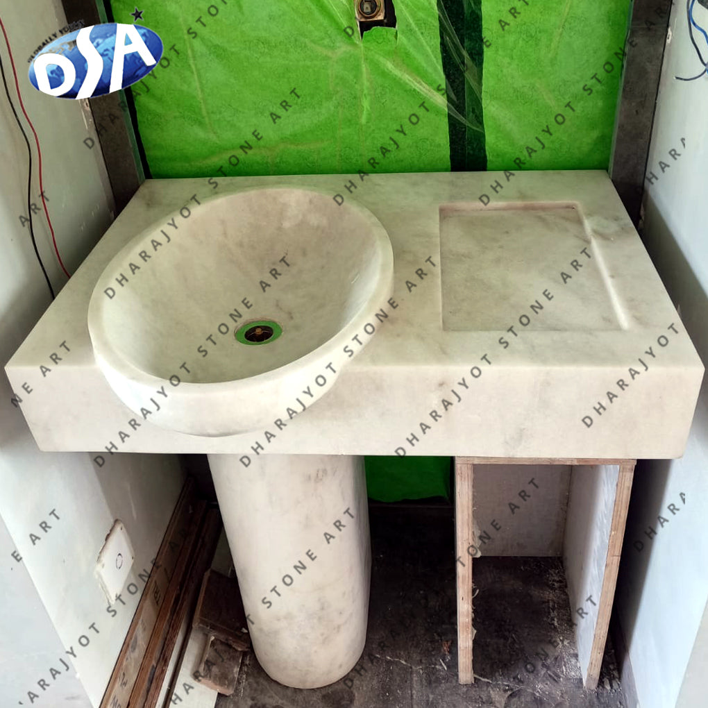 Free Standing Natural White Marble Stone Pedestal Washbasin