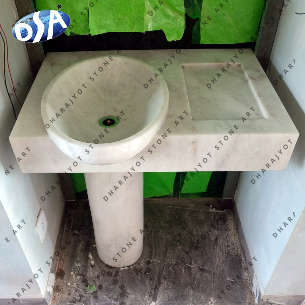 Free Standing Natural White Marble Stone Pedestal Washbasin