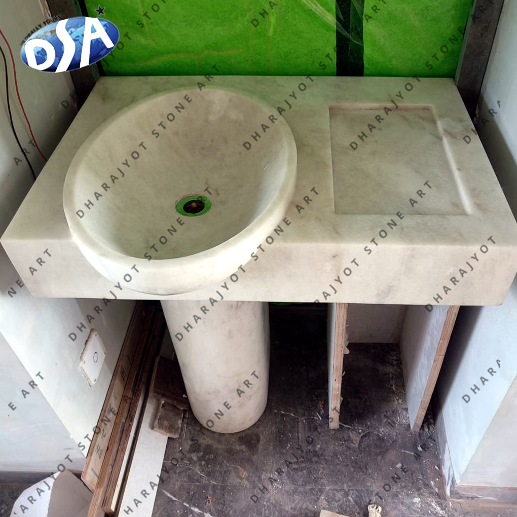 Free Standing Natural White Marble Stone Pedestal Washbasin