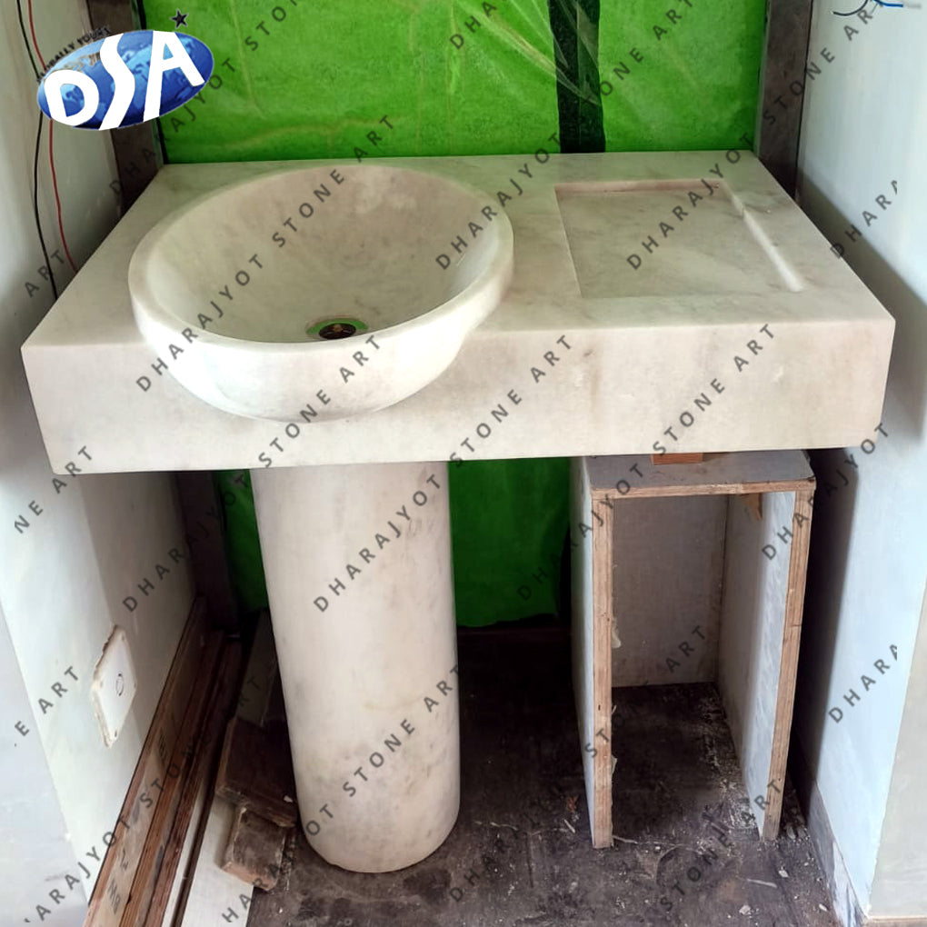 Free Standing Natural White Marble Stone Pedestal Washbasin