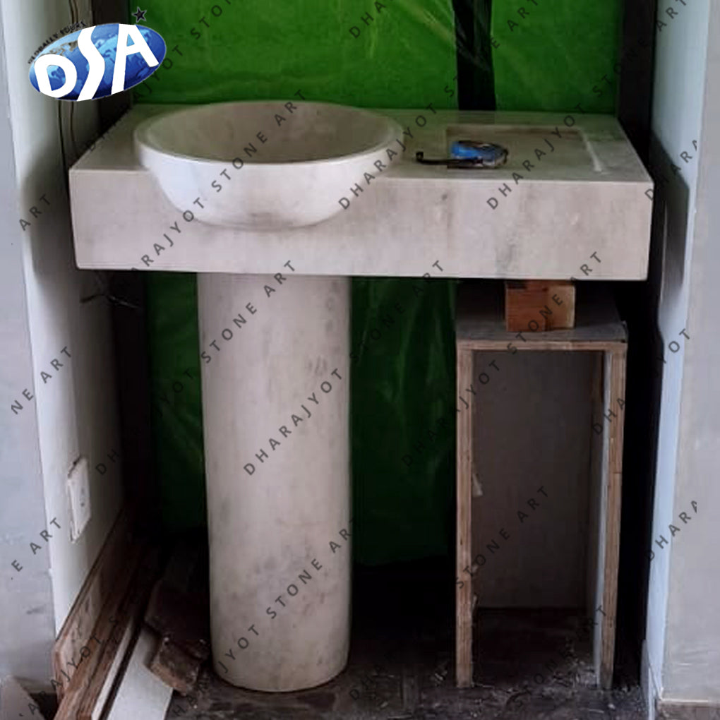 Free Standing Natural White Marble Stone Pedestal Washbasin