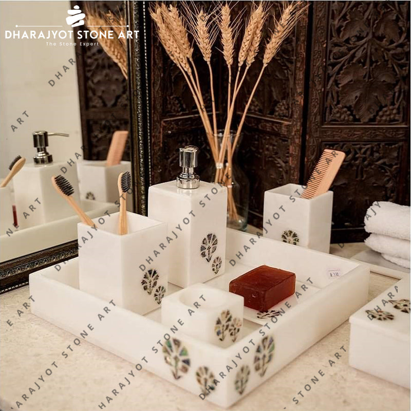 White Marble Inlay Bathroom Accessories