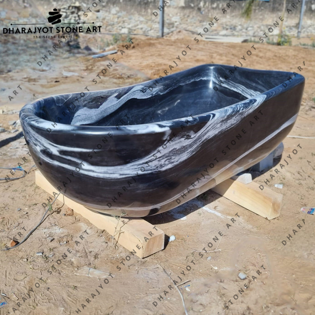 Hand-Carved Black Marble Freestanding Bathtub