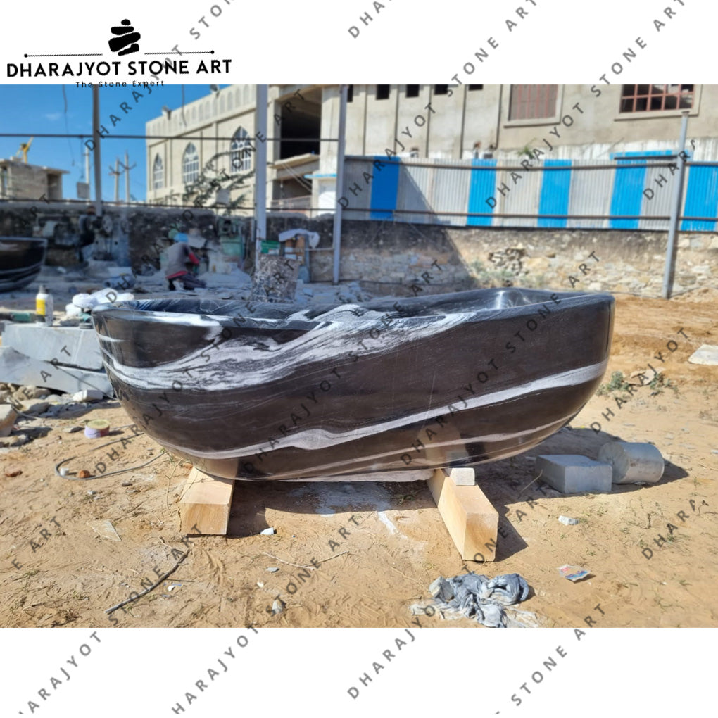 Hand-Carved Black Marble Freestanding Bathtub
