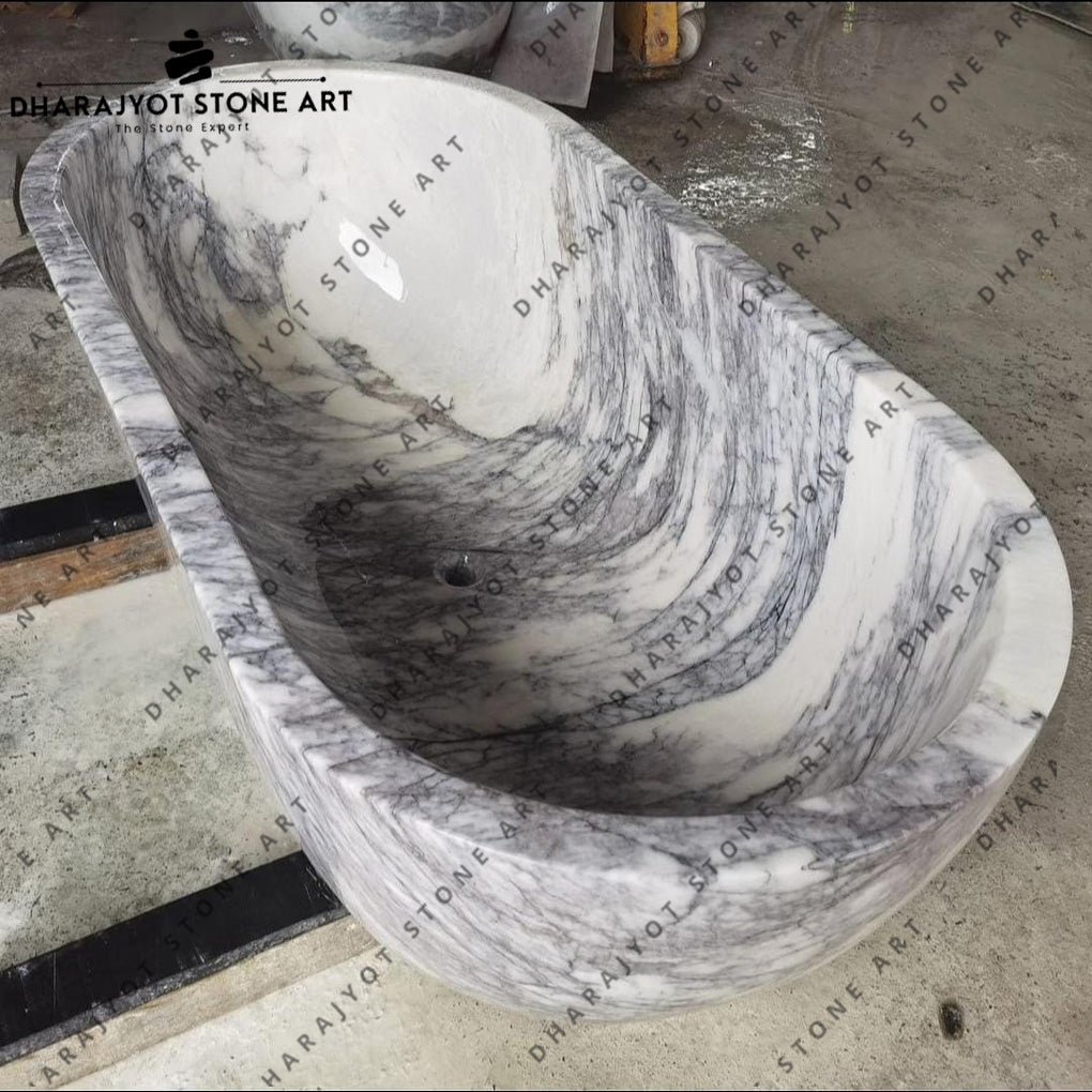 Designer Freestanding Grey Veined Marble Bathtub