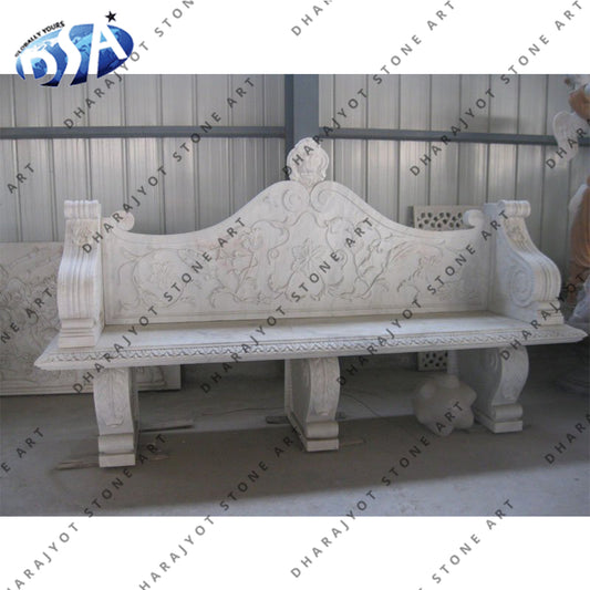 Antique Outdoor Hand Carved Natural White Marble Bench