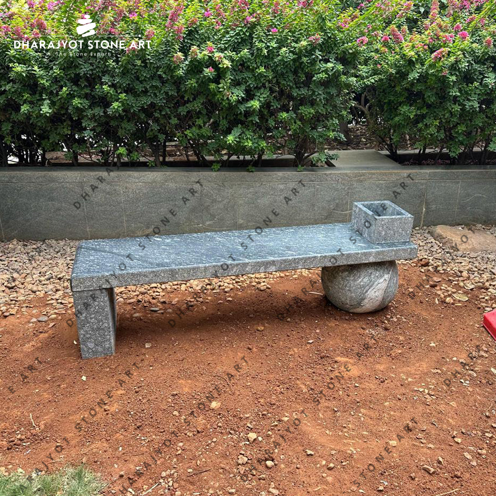 Polished Stone Garden Seating Surface and Natural Ball Support Design Bench