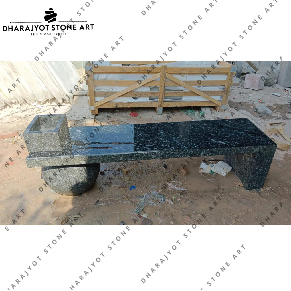 Polished Stone Garden Seating Surface and Natural Ball Support Design Bench