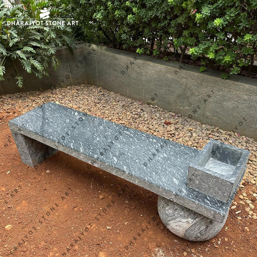 Polished Stone Garden Seating Surface and Natural Ball Support Design Bench
