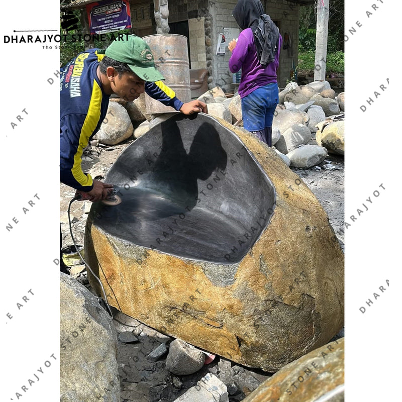 Hand-Carved Boulder Stone Bench