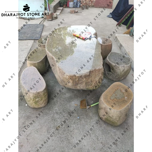Hand-Carved Boulder Rustic Natural Stone Benches Set