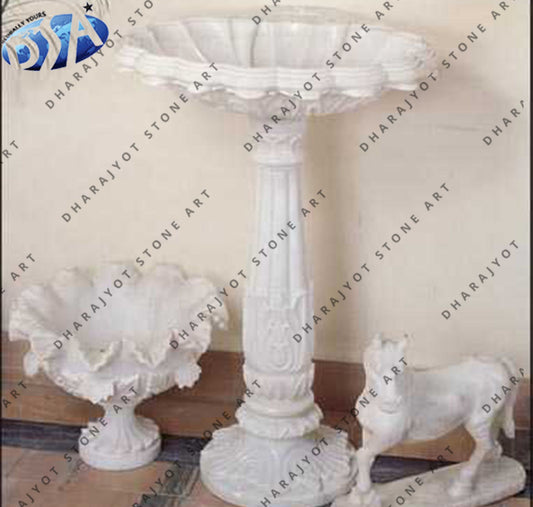 White Hand Carved Marble Pedestal Birdbath