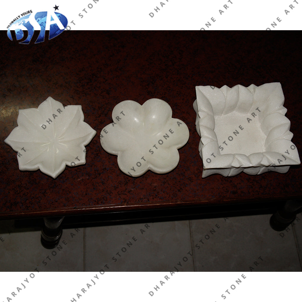 Square White Marble Lotus Plate And Bowl
