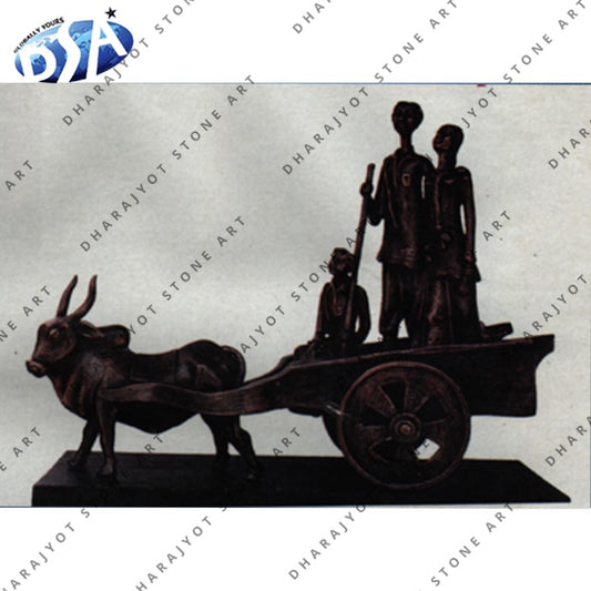 Handmade Black Stone Cow cart Statue