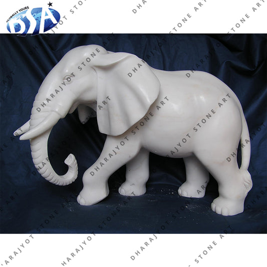 Elegant Hand Carved White Marble Elephant Statue