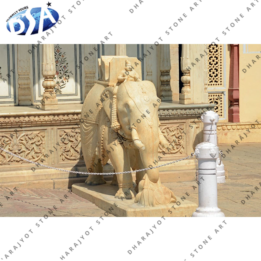 Marble Carved Beige Marble Elephant Statue