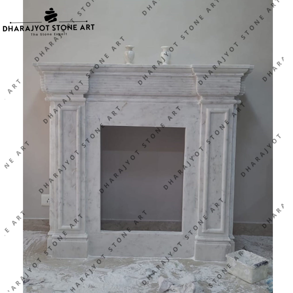 Elegant Hand-Carved Natural White Stone Fireplace