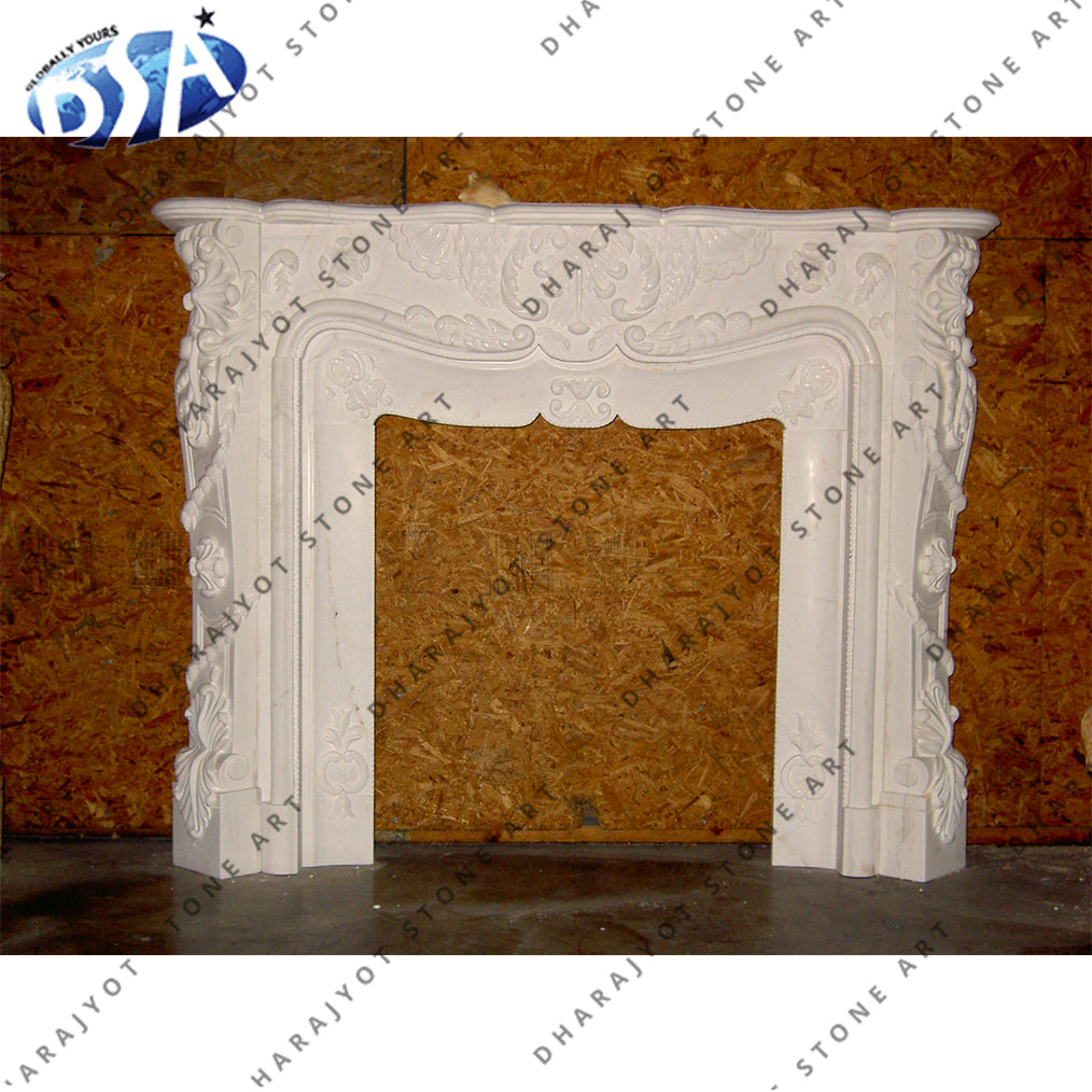 Hand Carved English Style White Marble Fireplace