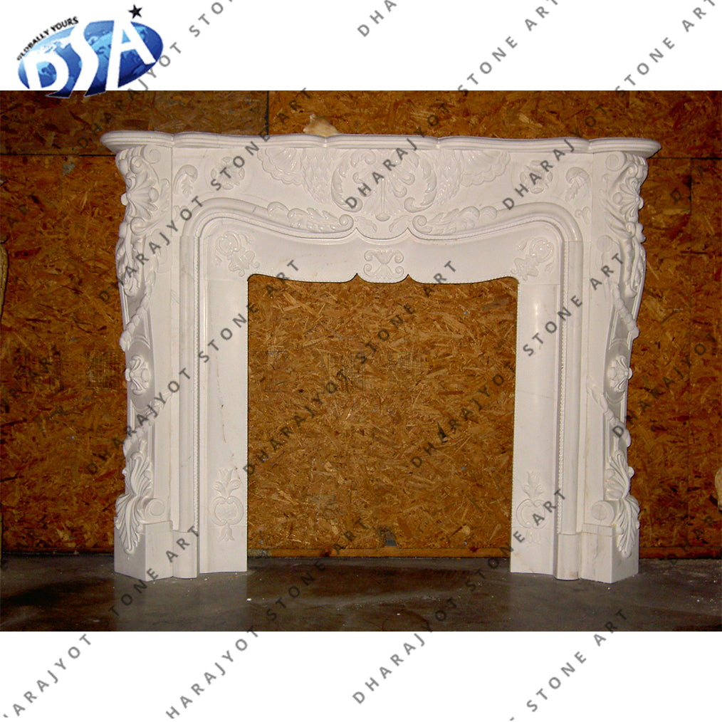 Hand Carved English Style White Marble Fireplace