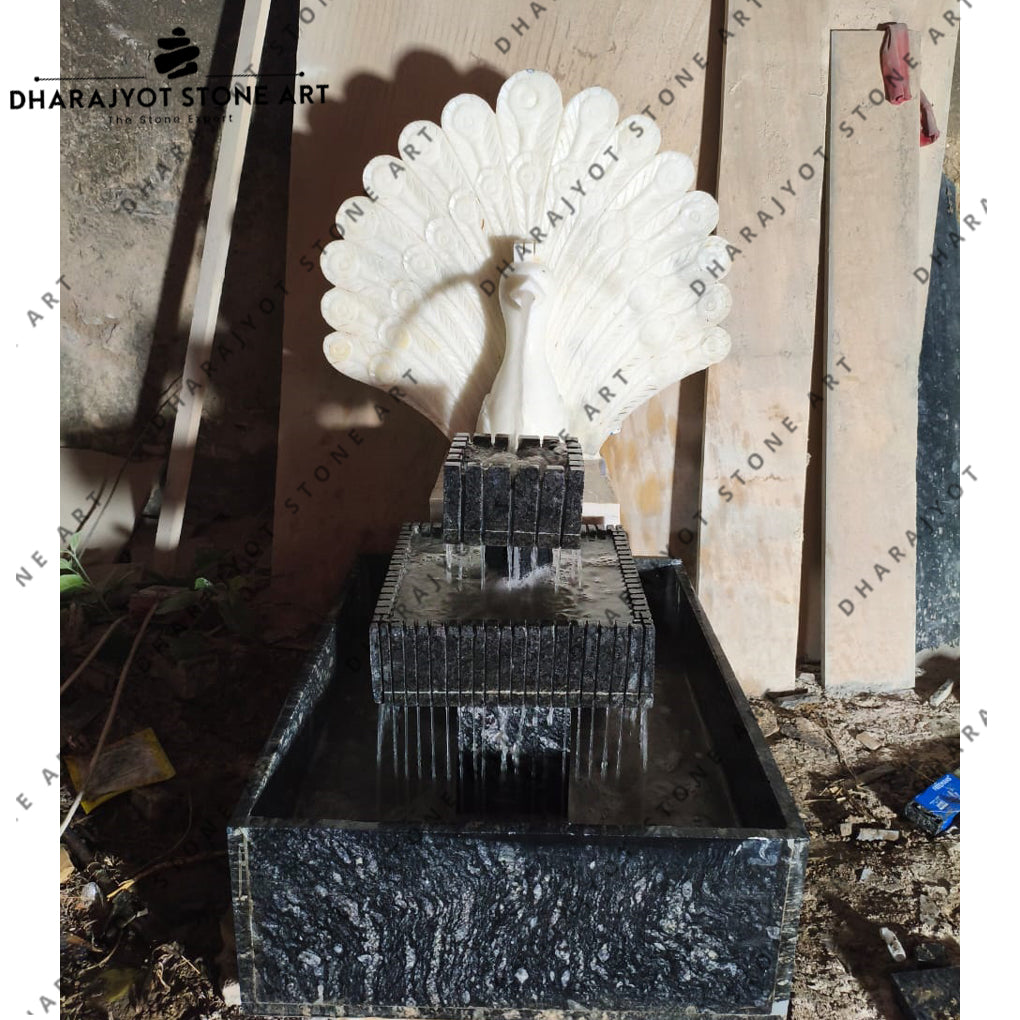 Hand Carved Outdoor Garden Decor White Marble Peacock Sculpture Fountain