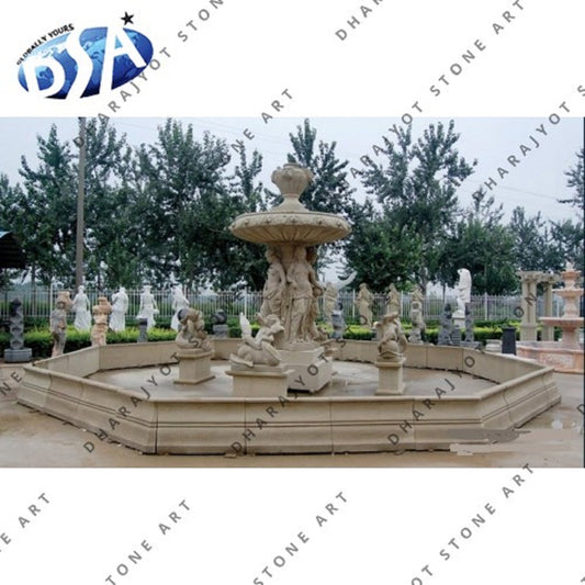 Hand Carved Children & Lady Large Sandstone Water Fountain