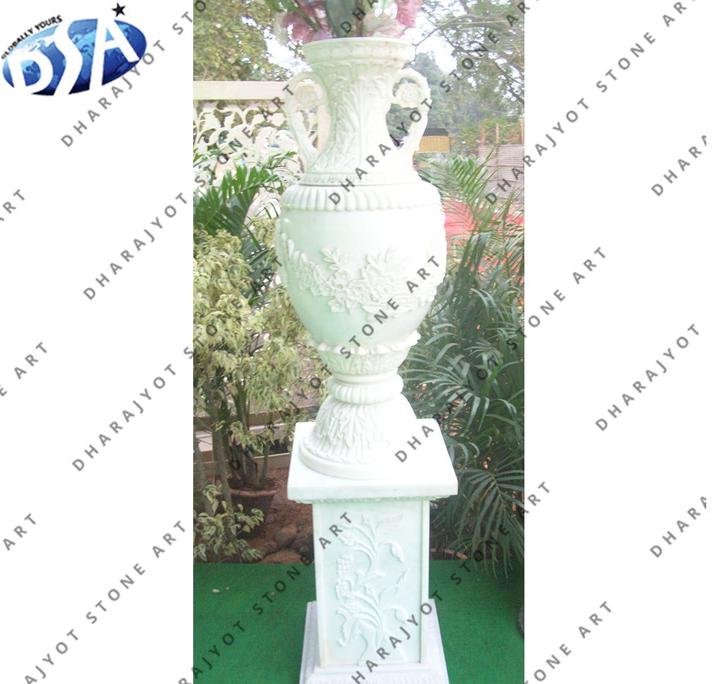 Garden White Marble Round Stone Flower Pot Planter