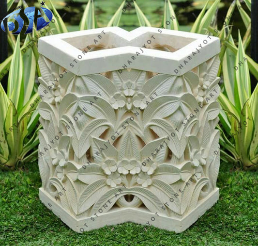 Carved White Sandstone Garden Flower Pot & Planter