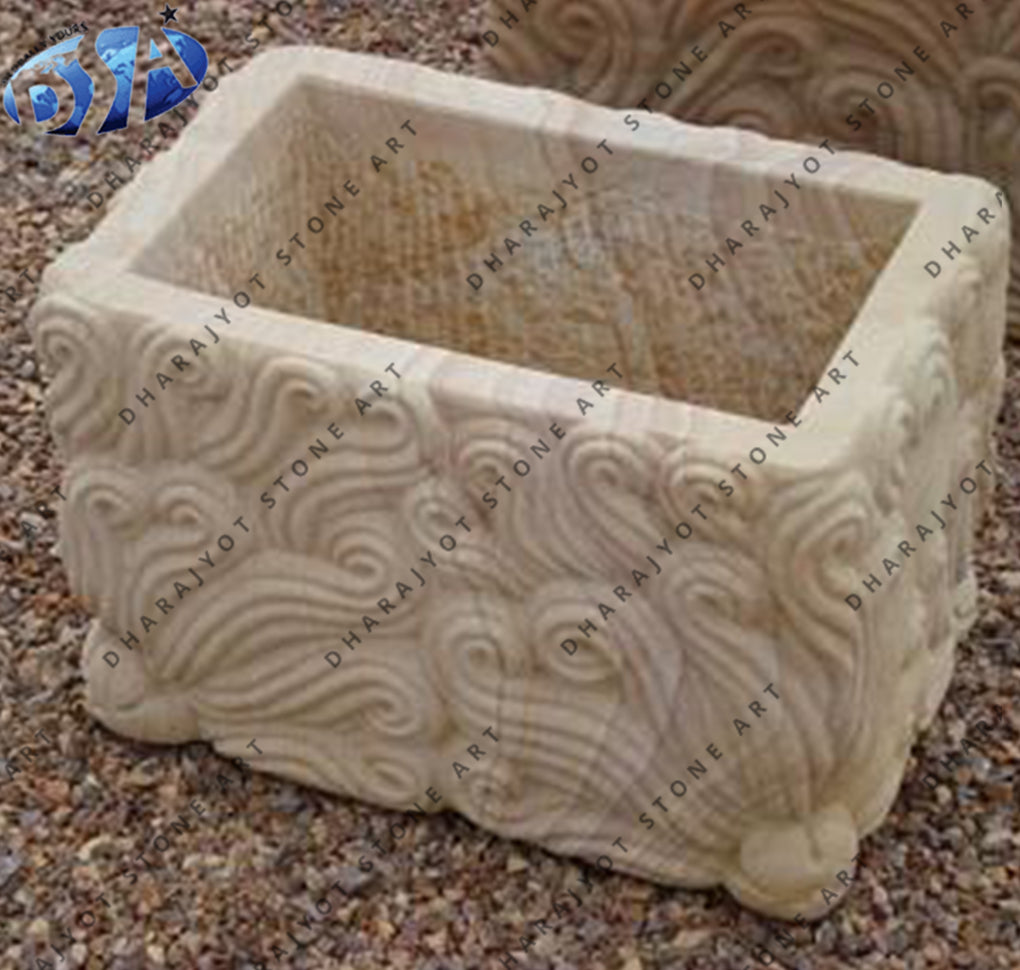 Brown Sandstone Hand Carved Garden Planter