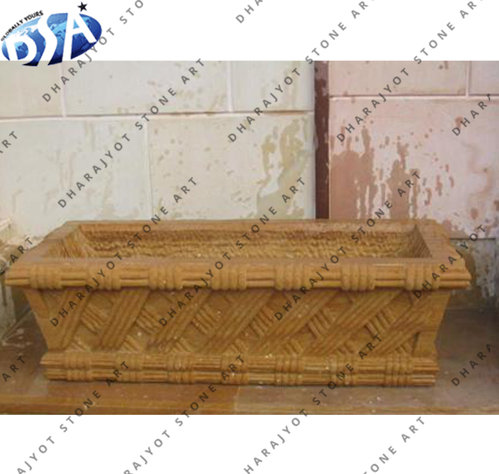 Yellow Teak Carved Rectangular Rock Garden Planter